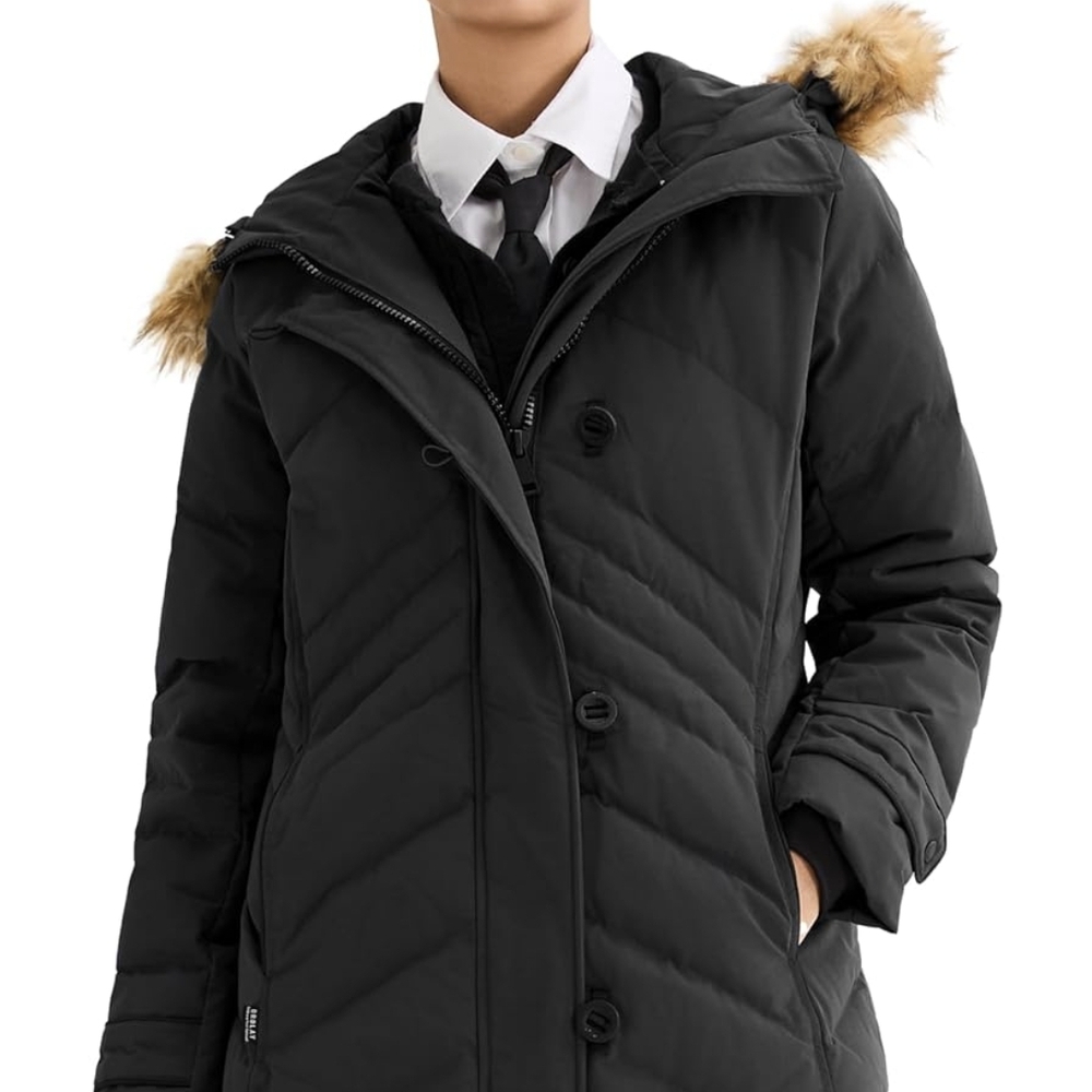 Elegant Black Puffer Jacket with Faux Fur Trim
